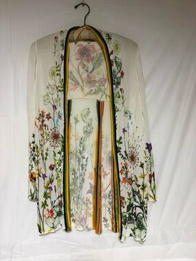 IVKO Lightweight Floral Open Cardigan in Cream with Multicolor Trim